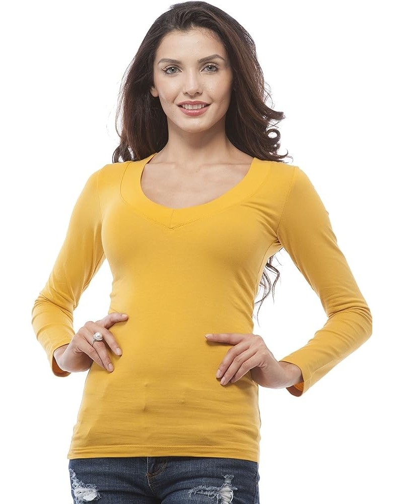 Women's Basic Long Sleeves Deep V Neck Shirt Top Tee Mustard $8.04 Swimsuits