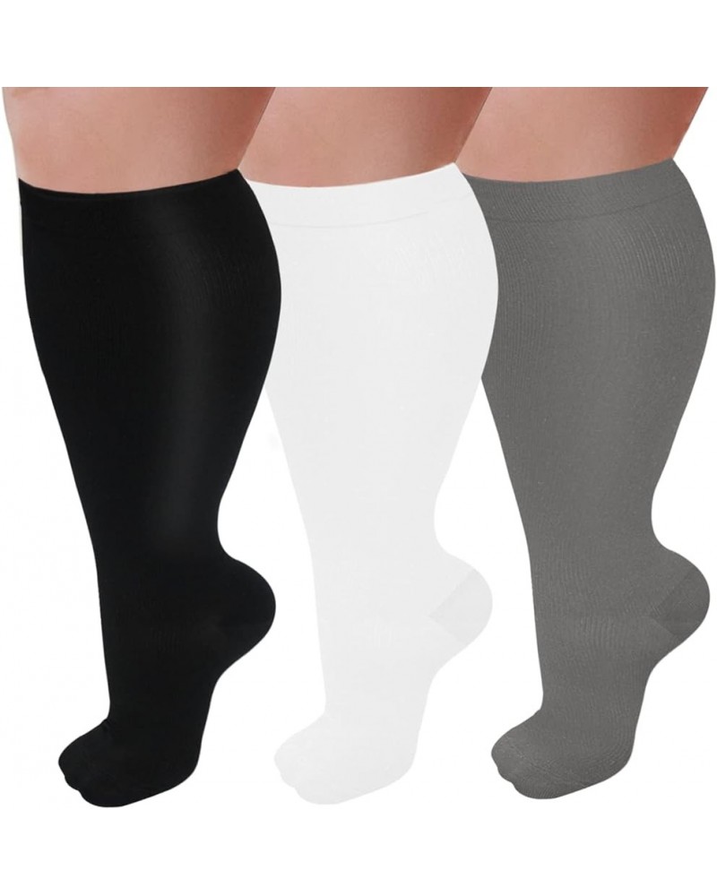 3 Pairs Plus Size Compression Socks for Women and Men Wide Calf 20-30mmhg Extra Large Knee High Support for Circulation 04-Bl...