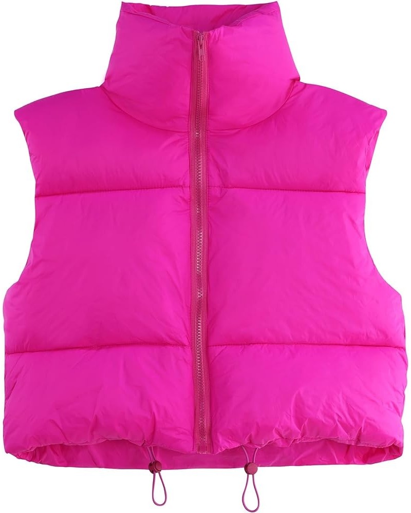 Women Cropped Puffer Vest Sleeveless Lightweight Warm Vest Outerwear Full Zip Stand Collar Vest Jacket Hot Pink $16.63 Vests