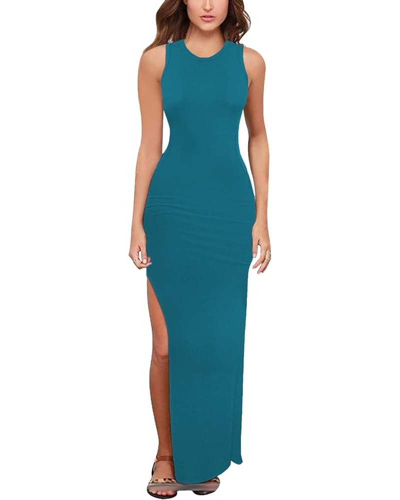 Women's Party Beach Vacation High Slit Summer Maxi Long Bodycon Dress Blue $17.60 Dresses