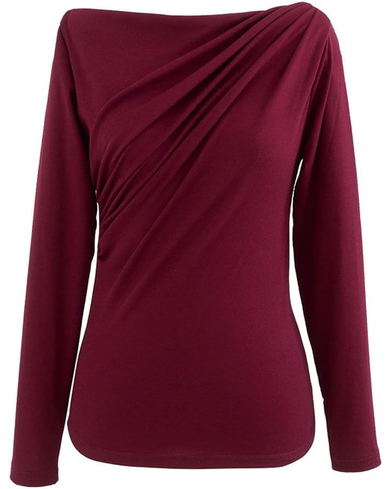 Women's Cream/Black/Burgundy Ruched Long Sleeves Knit Top Sweater Pullover Boat Neck-burgundy $19.89 Tops