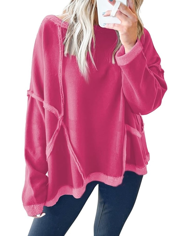 Womens Sweatshirts Pullover Tops Exposed Seam Drop Shoulder Raw Hem Oversized Sweatshirt Casual Y2K Clothes Rose Red $12.34 H...
